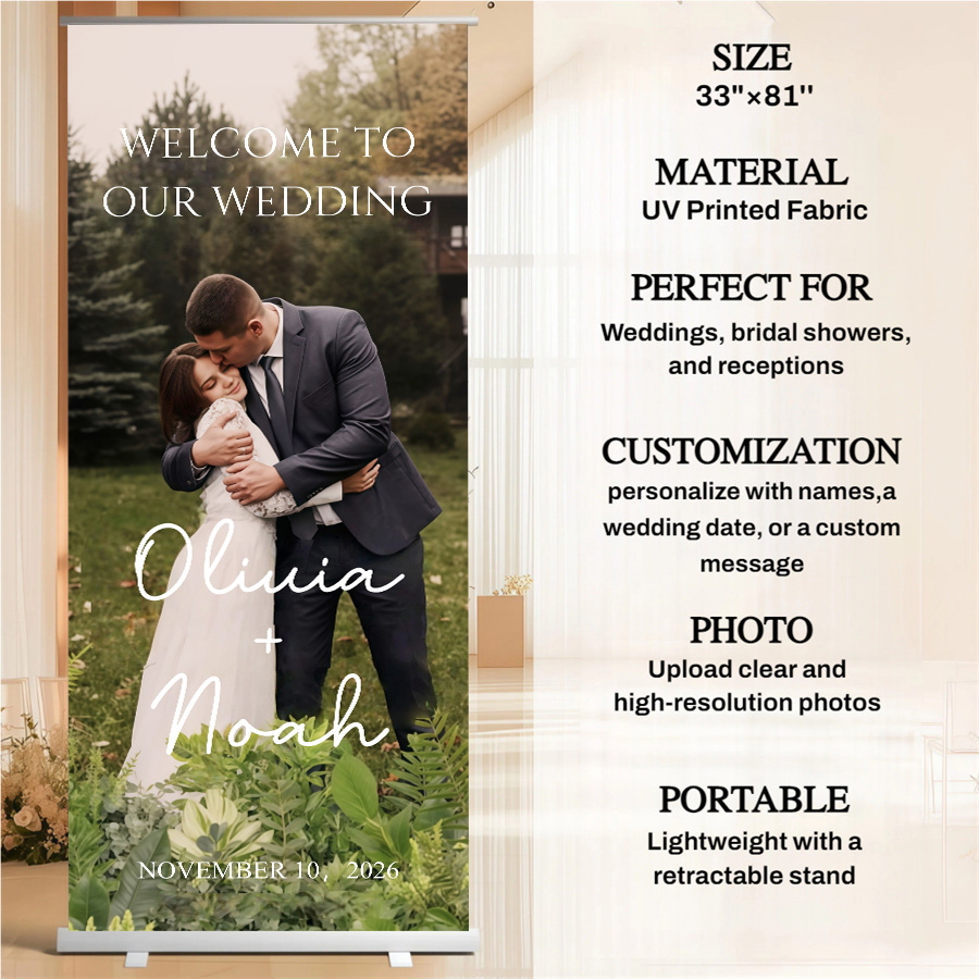 Customized wedding retractable banners - personalized photo wedding welcome signs, reception decorations and background curtains